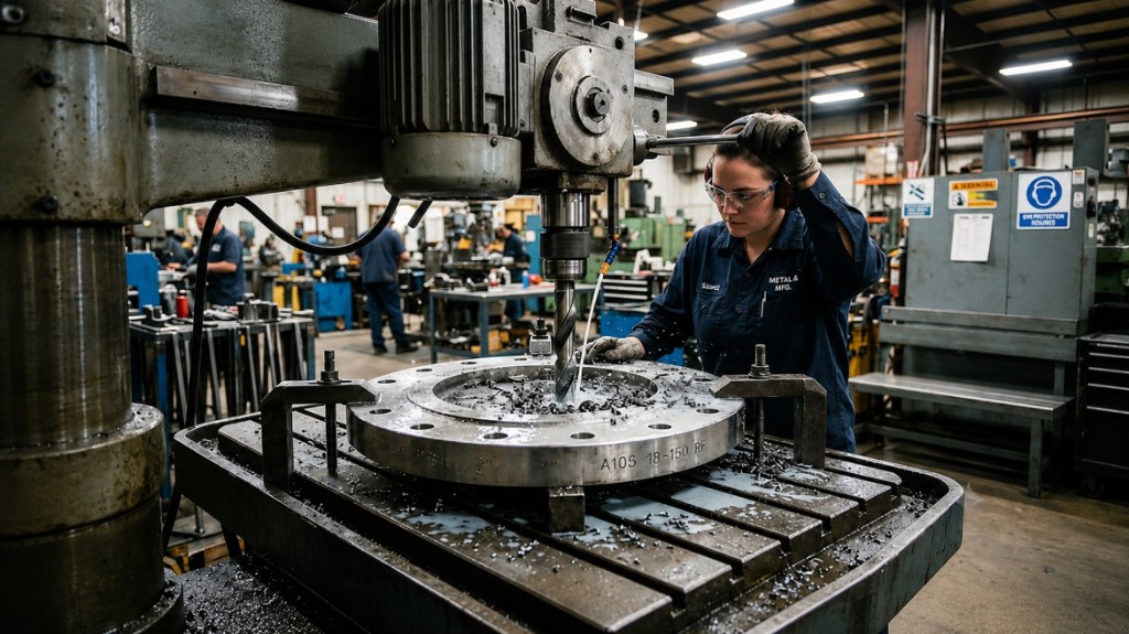 High quality A105 raised face flanges being precision machined in industrial manufacturing facility
